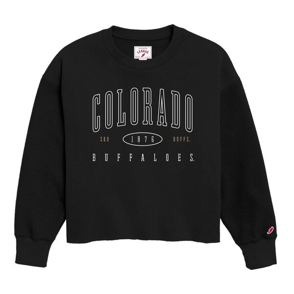 Black CU Boulder cropped fleece crewneck with printed “Colorado Buffaloes” text and 1876 detail on front, ribbed cuffs, and fleece exterior sleeves.